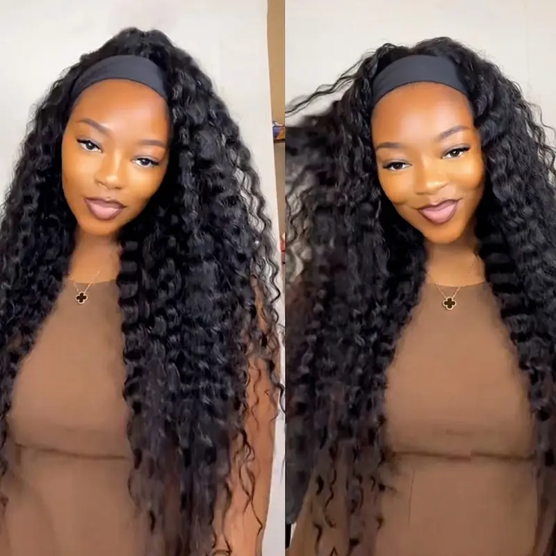 Bling Hair Deep Wave Headband Wig Human Hair Glueless Beginner Friendly No Lace No Glue Needed 180 Density Brazilian Virgin Hair Deep Curly Headband Wigs for Black Women backtoschool