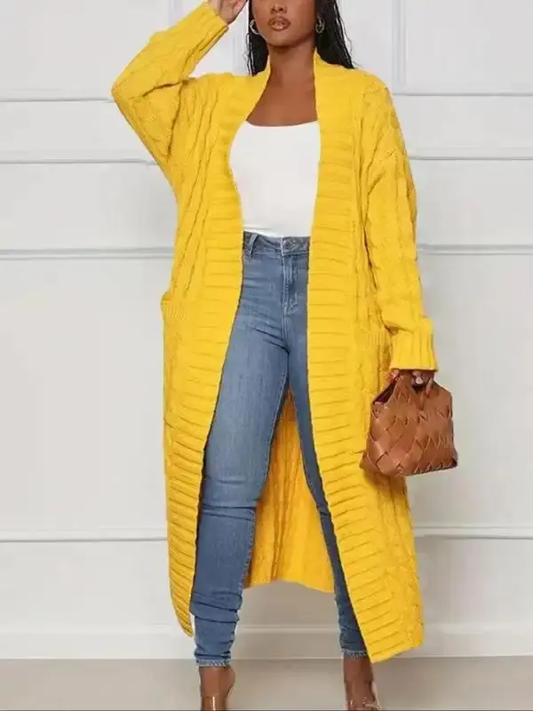 Women's Solid Color Textured Drop Shoulder Pocket Longline Cardigan, Casual Open Front Knitwear  Textured Knit for Fall & Winter, Women's Knit Clothing for Daily Wear, Knitwear for Daily Wear