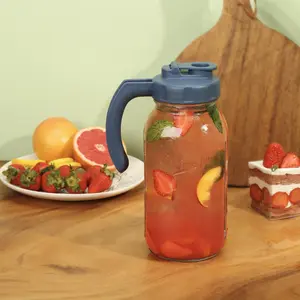 Soligt Glass Mason Jar Pitcher, 64oz Wide Mouth Mason Jar Pitcher with Handle, Airtight and Dishwasher Safe, Iced Brew Coffee Maker Pitcher, Glass Pitcher for Homemade Iced Tea, Breast Milk Pitcher, Pour Spout Handle Lids Container Food Lemon Drinkware