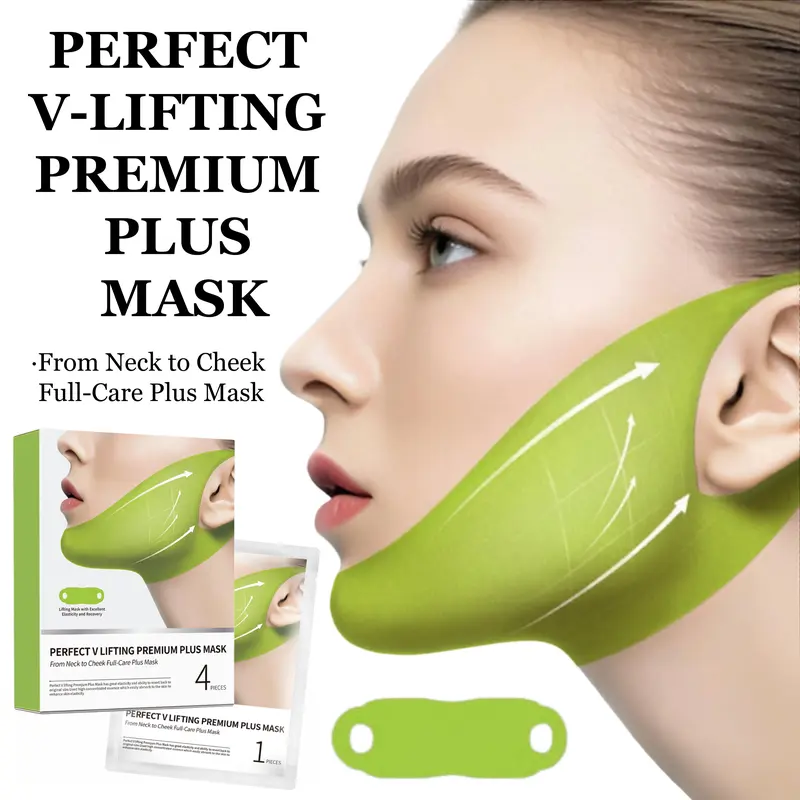 V-Shape Chin Lift Firming Sheet Mask & Neck Patch Set for Adults, 4 Pcs/Box, Collagen-Peptide Infused, Centella Asia, Hydrating Skin Brightening Tightening All Skins Beauty Kit with Double Chin Strap