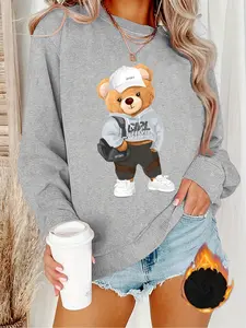 Women's Cartoon Bear Print Round Neck Sweatshirt, Casual Long Sleeve Crew Neck Pullover for Spring & Fall, Fashion Women's Top for Daily Wear, Graphic Crewneck Sweater