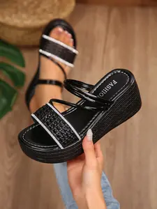 Korean Fashion Braided Rhinestone Wedge Sandals, Fashionable Wedge Shoes, Two-Wear Thin Strap Thick Sole Platform Shoes, Summer Outdoor Heightening Non-Slip Slippers