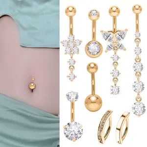 8 pcs Pink/Silver/Gold Belly Button Ring Set Stainless Steel Heart Rhinestone Tassel Pendant Body Piercing Female Sexy Navel Ring Jewelry Gift Hypoallergenic 14G Diamond Cutz Grillz belly button rings