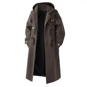 2025 Autumn Winter New Loose Plus Size Wool Coat Men's Mid-Length Trench Coat with Horn Buttons and Hood Menswear Jackets Casual Classic