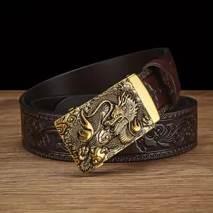 Men's Vintage Dragon Head Genuine Leather Automatic Buckle Belt, Exquisite Dragon Shape Carving, Perfect Gift for Your Husband or Father