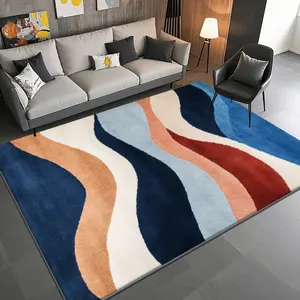 Soft Velvet Blue Wave Pattern Modern Abstract Rug, Home Decor Carpet for Living Room Sofa Bedside Coffee Table, Multi-Scene Use