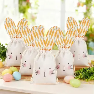 1-6Pcs Rabbit Carrot Linen Gift Bag with Drawstring Easter Party Candy Snack Bags Kids Birthday Decor Supplies Jewelry Pouches