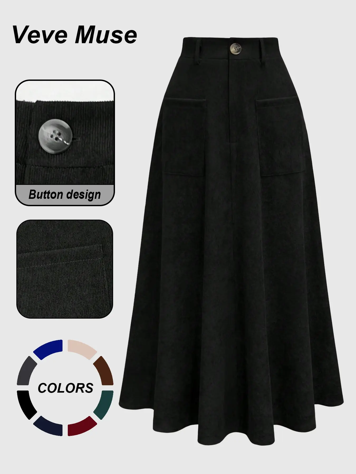 Women's front button with pockets simple midi skirt, high waisted A-line skirt, comfortable material, vintage and elegant, essential for autumn and winter, practical and beautiful pocket design