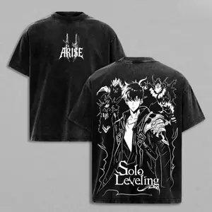 Arise Sung Jin-Woo Tee Washed – Solo Leveling Vintage Washed Heavy Cotton Oversized Anime Manga T-Shirt & Hoodie, Shadow Monarch with Beru Igris Bellion Tusk Edition, Double Printed Retro Unisex Streetwear Graphic Top