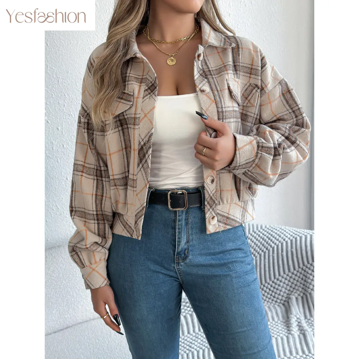 YESFASHION Women's Cropped Plaid Flannel Shacket - Button-Down Collared, Long-Sleeve, Loose-Fit, Flap Pocket Outerwear for Casual Work, Fall Winter Vintage Tartan Coat in Brown, Apricot, Orange, Rose Red (S-XL) Gift for Her XYZ