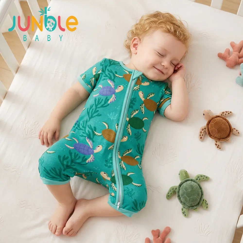 Junblebaby Unisex Baby Bamboo Fiber Short-Sleeved Crew Neck Romper - Basic Regular Fit, Sea Turtle & Seaweed Animals Prints, 2-Way Zip, Above the Knee, Easy Diaper Changes, 0-3 Months Baby Bamboo Bodysuit