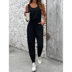 Solid Color Sleeveless Jumpsuit with Large Round Neckline and Pocket, Summer