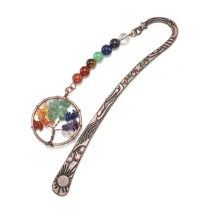 Vintage Metal Bookmark, 1 Count Reiki Healing 7 Chakra Crystal Gemstone Tree Of Life Pendant Charm Book Marker for Women Teachers Readers Book Accessories