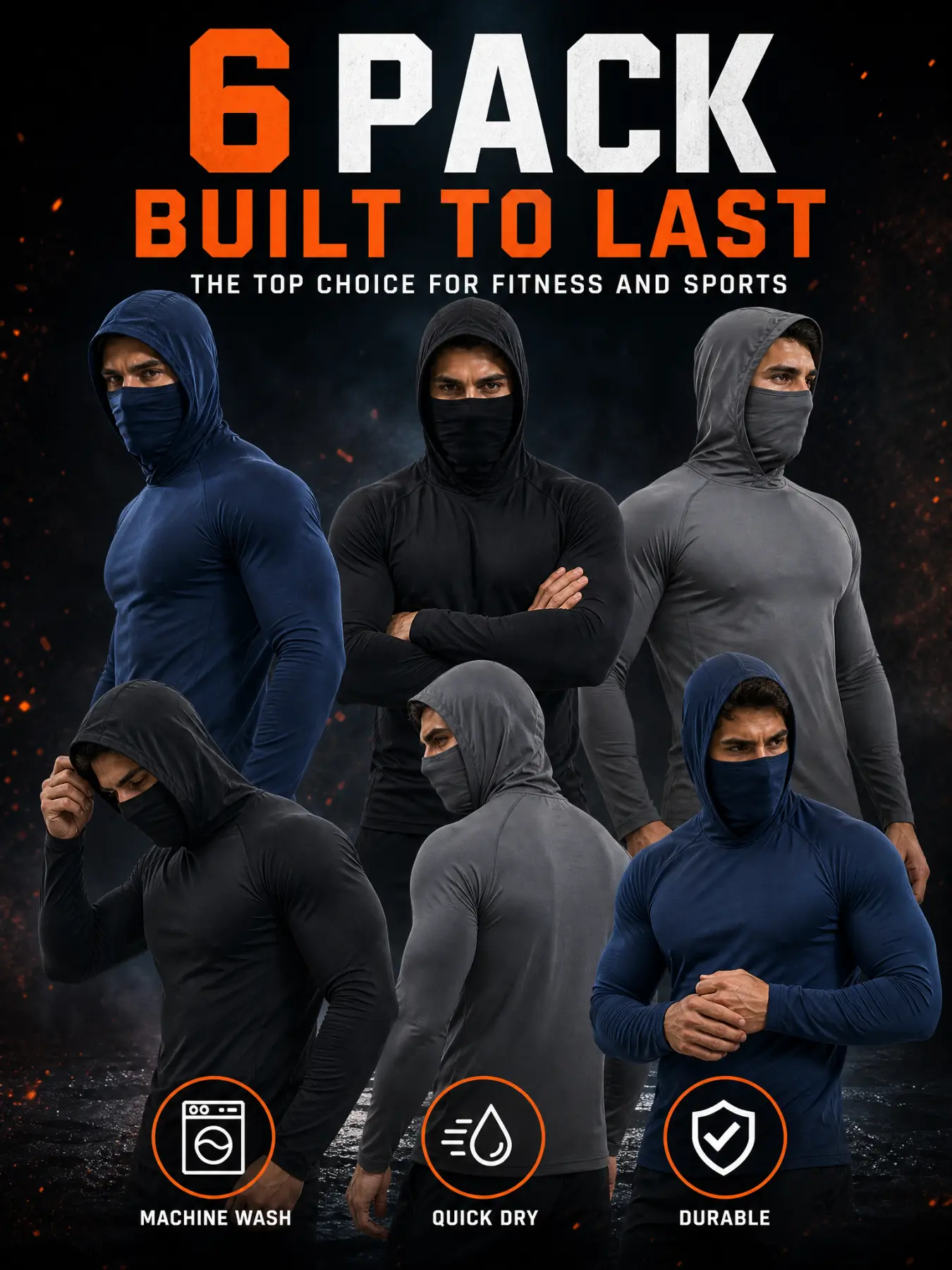 6-piece men's UPF 50+ sun protection pullover hoodie, plain-colored t-shirt, quick-drying long-sleeved sports top, with built-in neck towel, breathable compression, suitable for sports and outdoor sun protection.