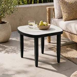 Modern Outdoor Arc Heavy Duty Weather Resistant Table - 23.6in Outdoor Living Furniture, Greek White Marble-Inspired Sintered Stone Top, Aluminum Frame, Ember Black Finish, Tapered Post Legs, Rounded Corners, Rust-Free, Heavy Duty Table