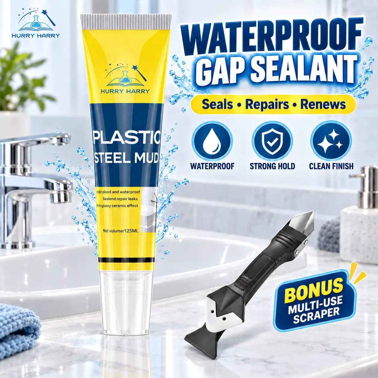 Hurry Harry Plastic Steel Putty Waterproof Sealant – Mold Proof, Stain Resistant, No Caulk Gun, 3 Steps, Eco-Friendly, for Kitchen Bathroom Balcony Window Gap, -50°C to 150°C