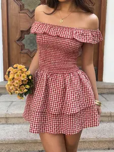 Plaid One-Shoulder Sleeveless Cinched-Waist Ruched Short Dress, Double-Layer Skirt Hem, Party Style, All Seasons, Womenswear