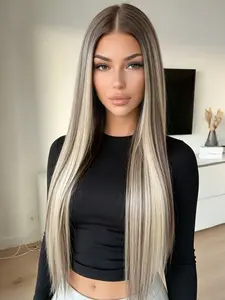 Blonde Brown Highlight 13x4 Lace Front Wig | Pre-Plucked Hairline, Free Part Straight Heat-Resistant Synthetic Wig for Women, 28" Daily Wear Synthetic Lace Front Wig Lace Straight Wigs