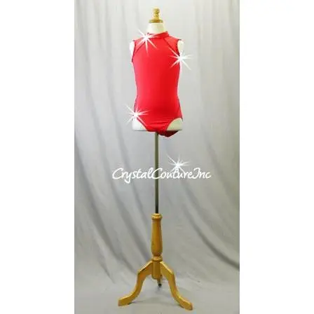 Red Lycra Leotard with Mesh Sheer Shoulders and Side Hips - Swarovski Rhinestones