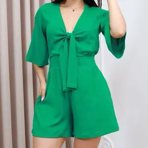 Short linen romper with pockets