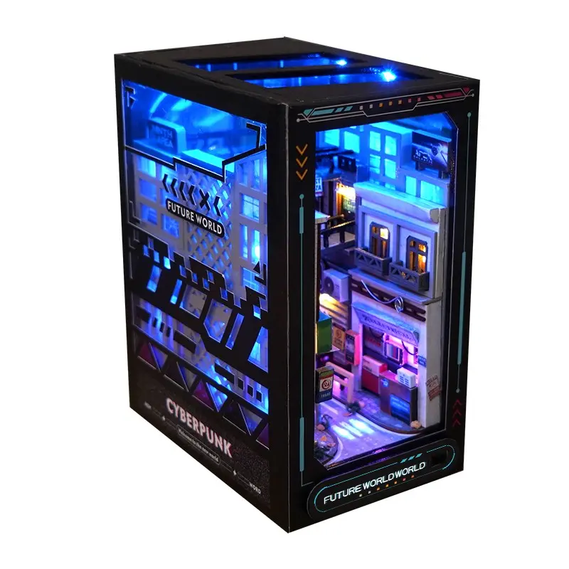 Cyberpunk Style DIY Model Kit, Neon Glow Steampunk Alley 3D Hand-Assembled Miniature Building, Steampunk Alley Design, 3D Puzzle Sci-Fi Street Scene with LED Light & Acrylic Display Case, Miniature Cyber City Diorama