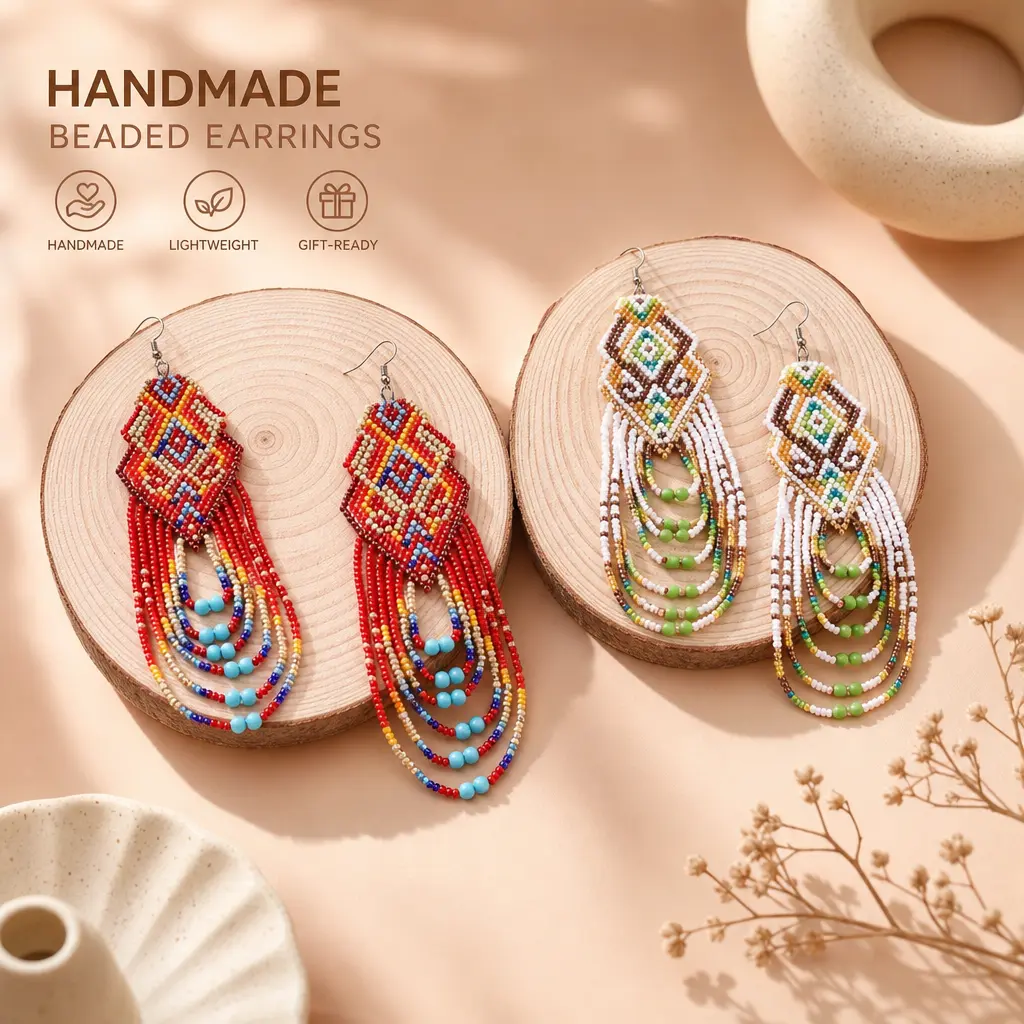 Bohemian-style handmade glass bead tassel earrings, suitable for teenagers - long ethnic-style jewelry, brass stud earrings, beaded earrings, handmade earrings for teenagers, accessories for teenagers, fashionable long tassel earrings.