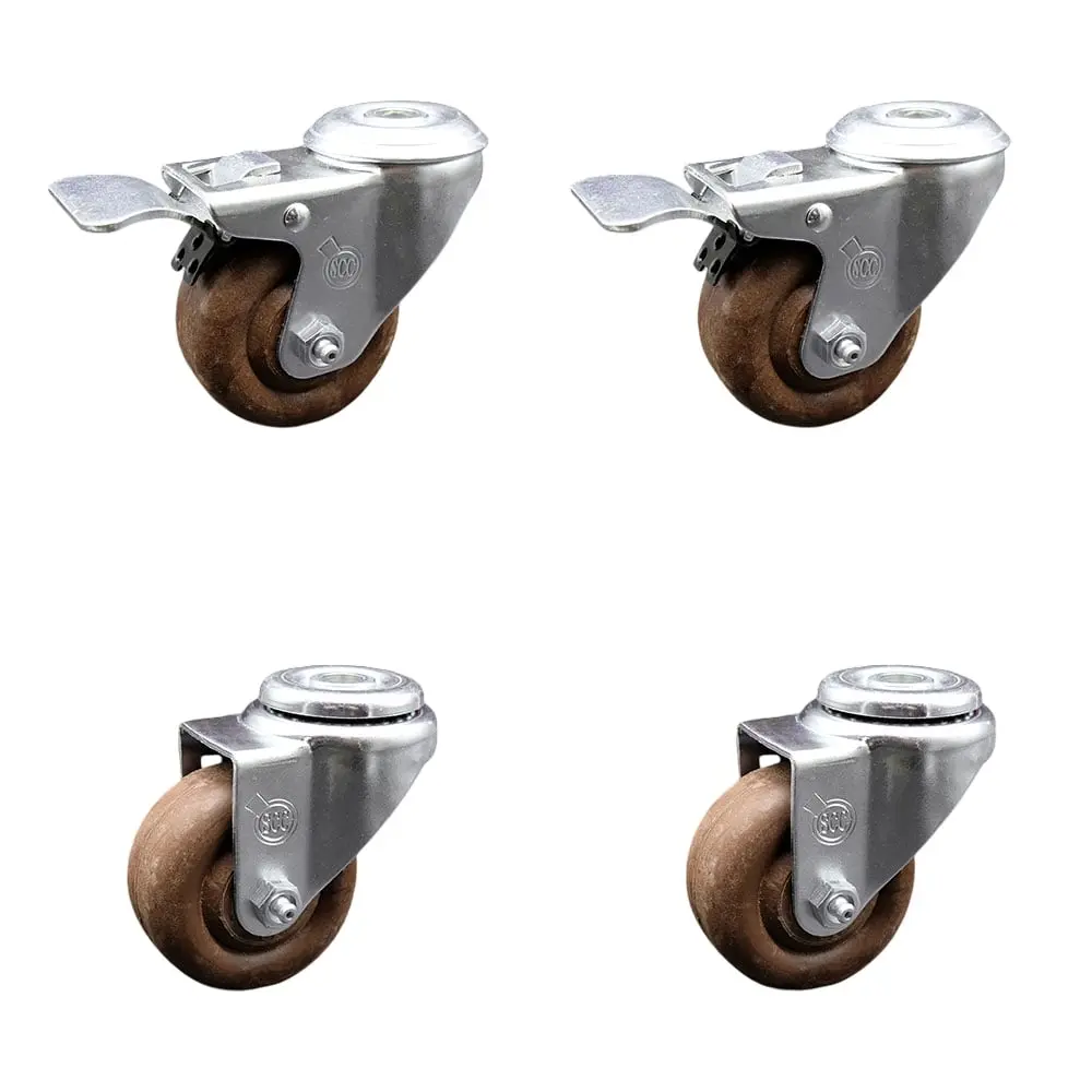Service Caster SCC-BHTTL20S3514-GFNSHT-2-S-2 Zinc Powder Coating Castors - High Temp Glass Filled Nylon Swivel Bolt Hole (3.5 x 1.25 in Brown Wheels, 1400 lbs Capacity, 2 Total Locking Brakes) for Autoclaves, Commercial Baking, Bakery Ovens - Set of 4