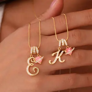 PolarEve 14K Gold Plated 3-Layering Initial A-Z Letter Pendant Necklaces for Women Snake Chain Choker Pink Heart Zircon Adjustable Length Necklace Jewelry For Valentine's Day gifts