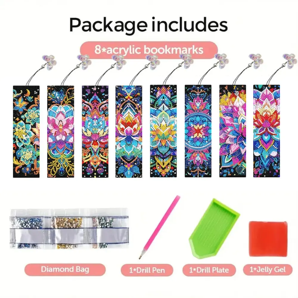 8pcs Diamond Painting Bookmarks DIY Flower Patterns, Crystal Pendants, 5D Diamond Art for Beginners, Christmas Holiday Handmade Gift, Acrylic Bookmark Blanks