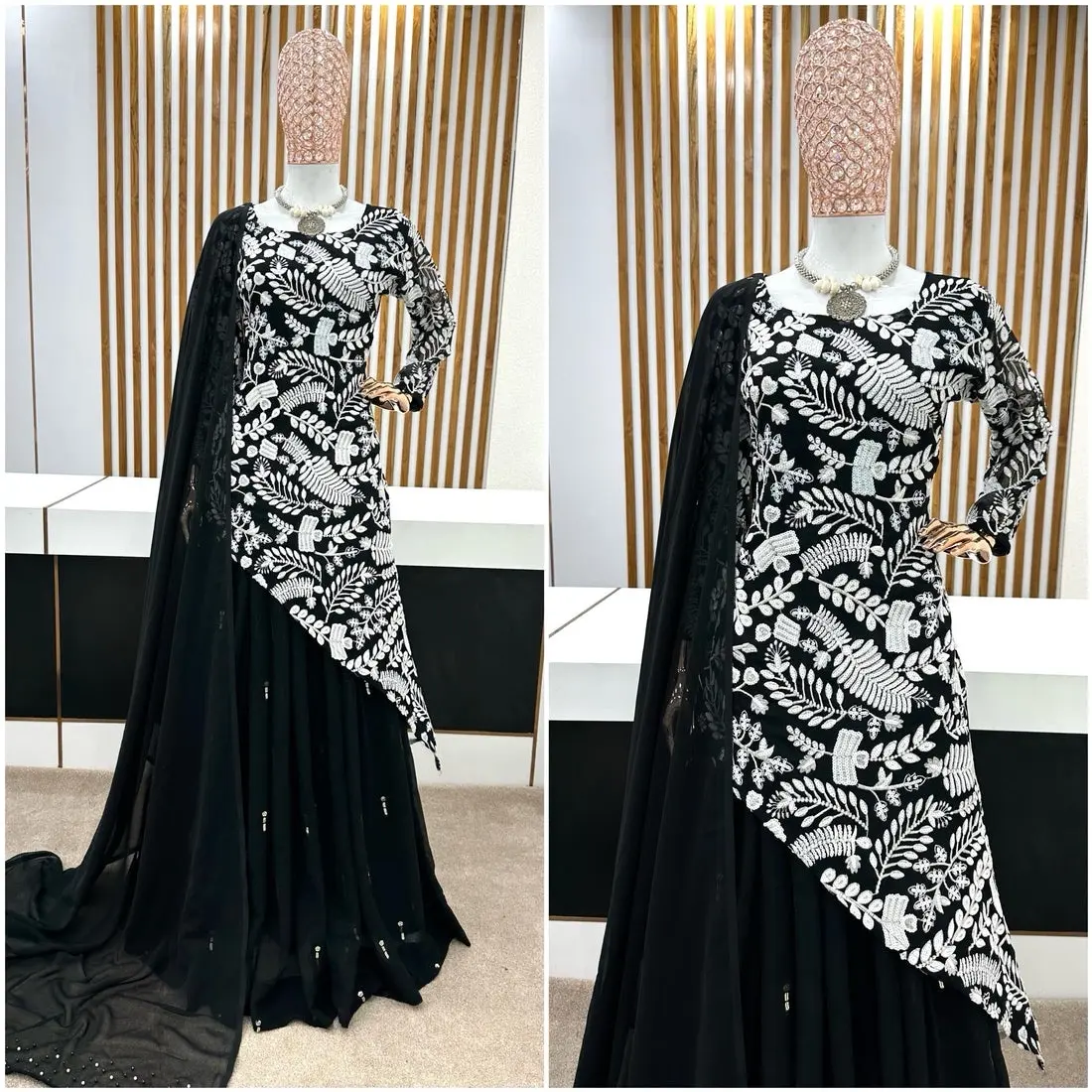 Black Embroidery Lehenga with Front Cut