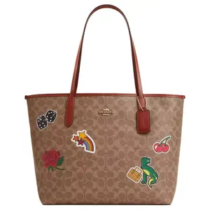 COACH City 33 Tote Bag with Sticker Print and Snap Closure in Coated Canvas for Women, Large Size, Tan Multi-Color