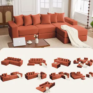 10-in-1 Convertible Sofa Sectional, Corner Couch, Convertible Floor Sleeper Sofa, Corduroy, Side Pocket, No Assembly, DIY, L Shaped  Modular Sofa, 6 Pillows