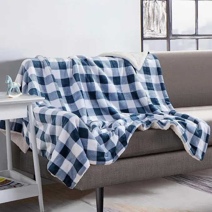 Elegant Comfort Buffalo Plaid Sherpa Throw Blanket - Soft Micro Mink, Warm and Cozy, 50x60 Inch, Perfect for Sofa, Bed and Couch