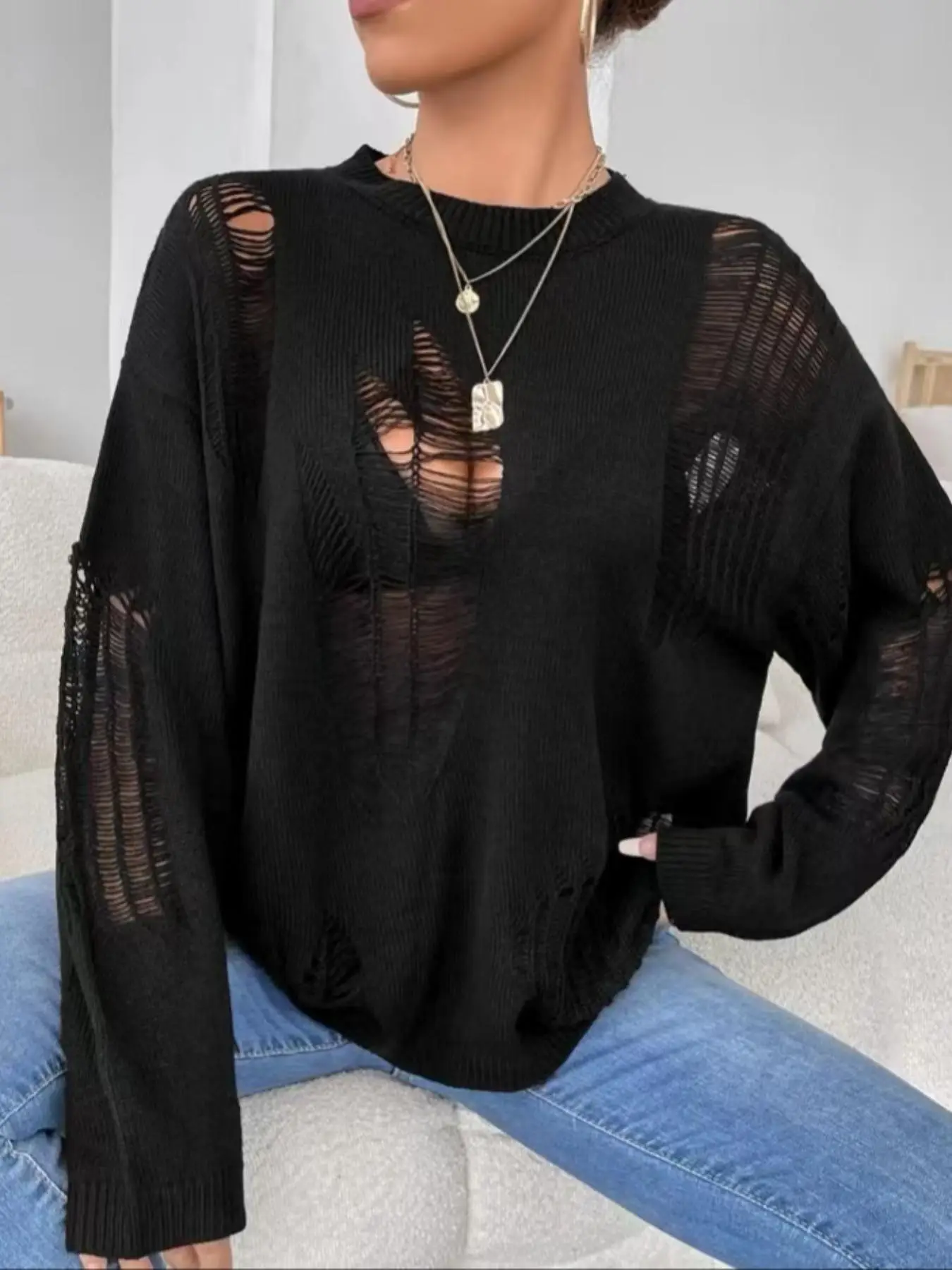 Women's Basic Minimalist Solid Color Ripped Drop Shoulder Sweater, Lady Casual Comfort Long Sleeve Round Neck Jumper for Fall, Women's Knitwear for Da