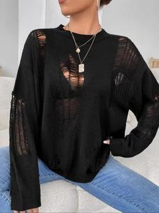 women's basic minimalist solid color ripped drop shoulder sweater, lady breathable casual comfort soft long sleeve round neck jumper for fall, women's knitwear for daily wear, womenswear knitting tops