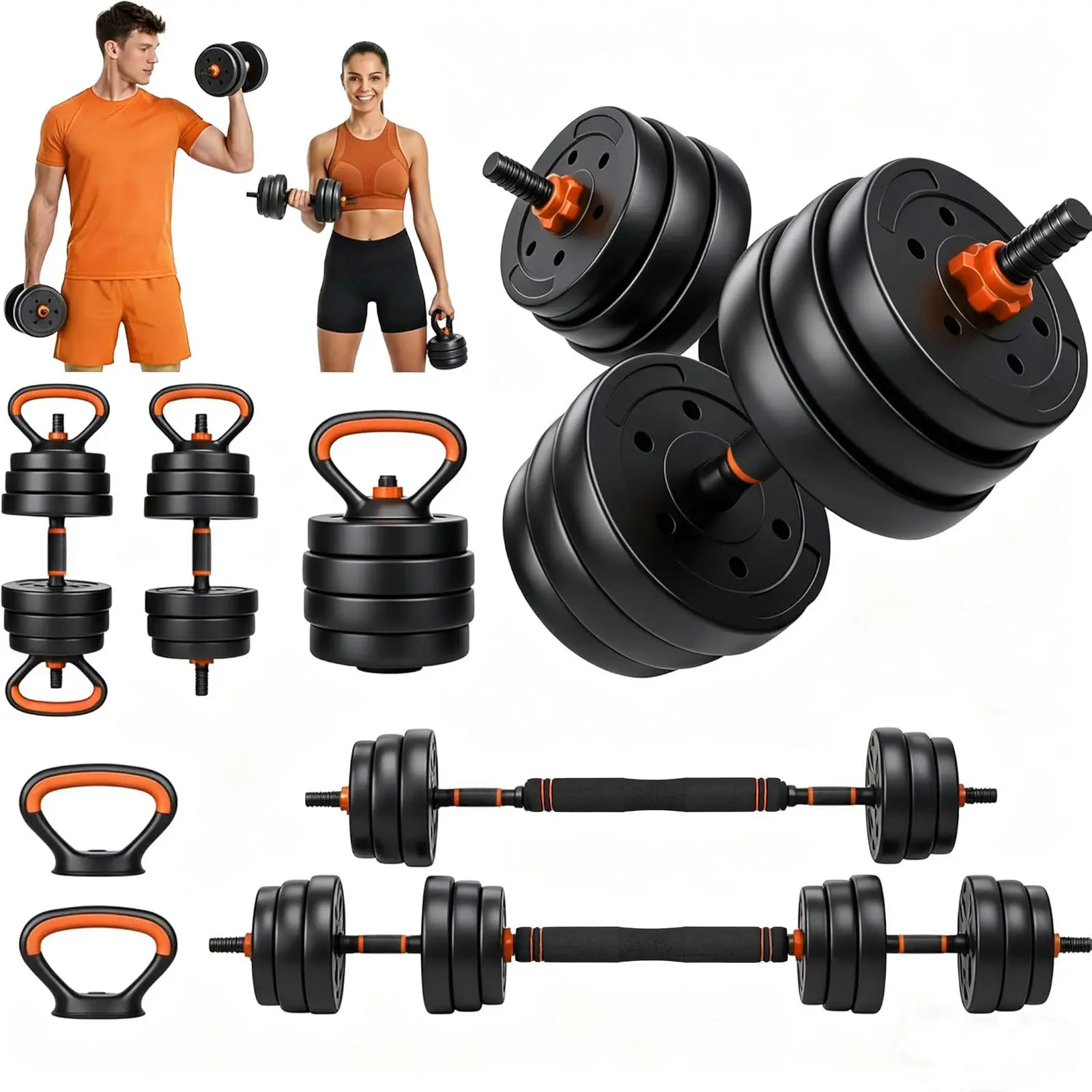 Adjustable Dumbbells Set for Home Gym, 66lb Unisex 4-in-1 Kit for Strength Training - Converts to Barbell, Kettlebell & Push-Up Stand, Variable Weights 44-88 lbs