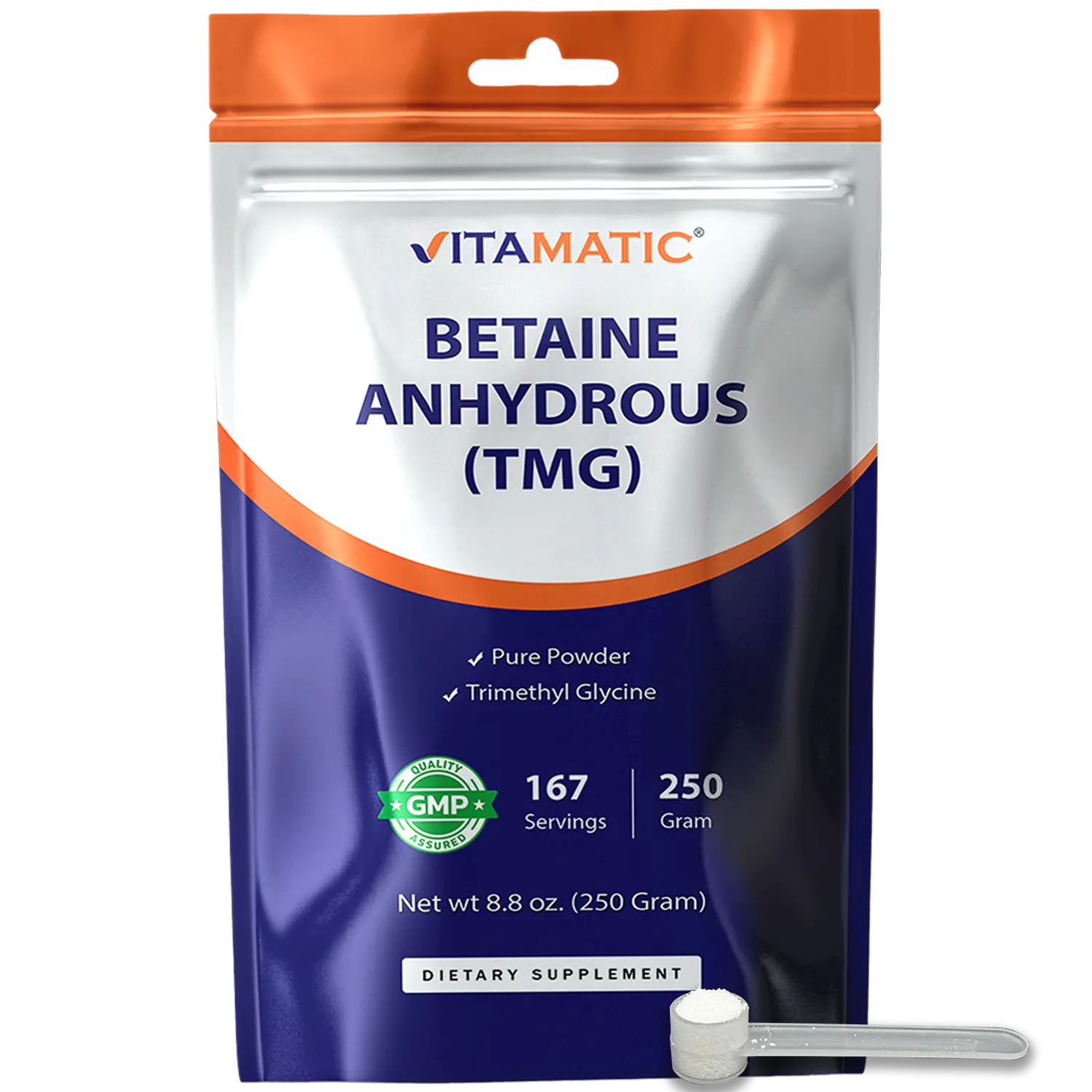 Vitamatic Betaine Anhydrous (TMG) Pure Trimethylglycine Protein Powder - 250g (8.8oz) High-Value Supply, Easy to Mix, Unscented, Non-GMO, Gluten-Free, Daily Wellness Support, Supports Normal Methylation, 167 Servings Dietary Supplement