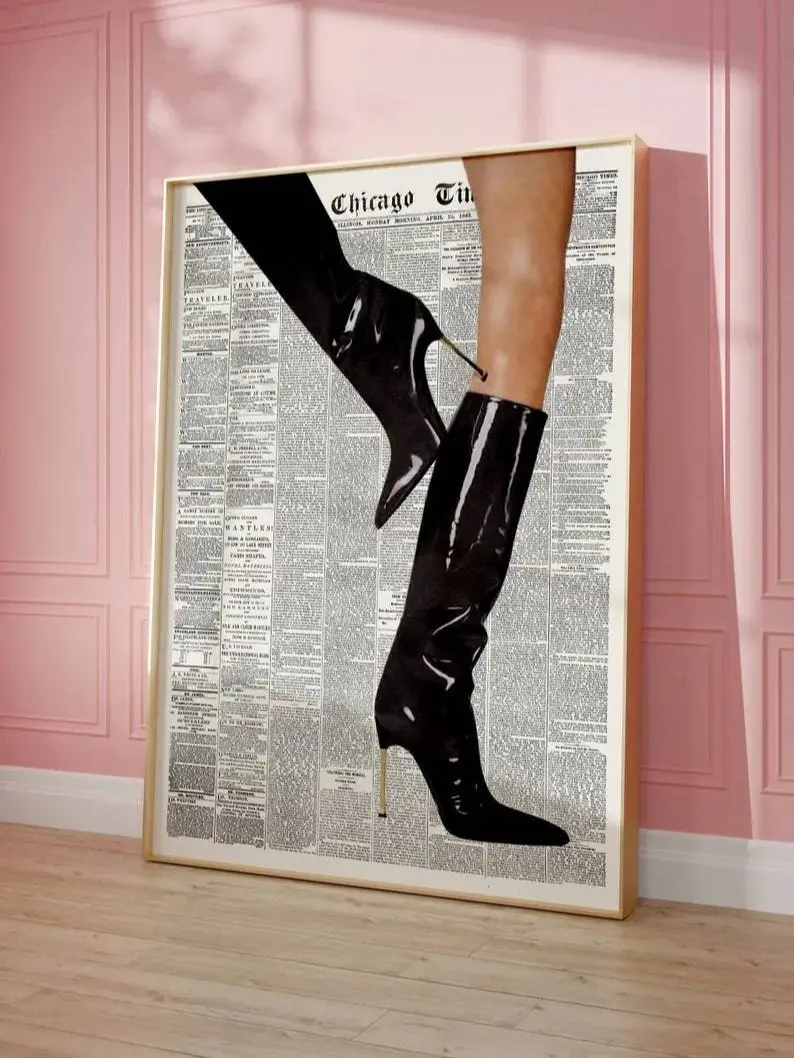 Retro Boots Newspaper Print, Trendy Wall art Poster, Red Boots, Black and white Wall art, Retro Art,Artistic Decor,Ornaments Gift Room Decoration