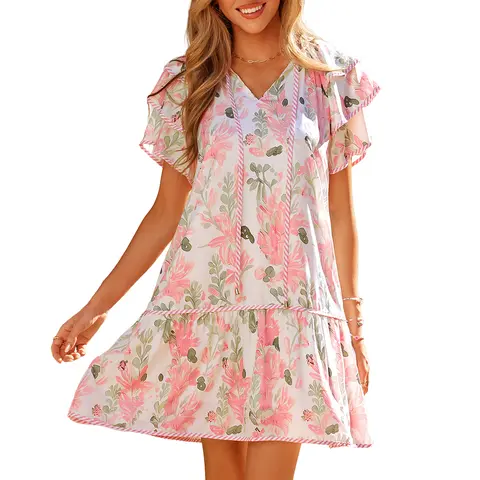 Asvivid Women's Floral Contrast Edge Layered Short Sleeve Mini Dress with Pocket Summer Casual Vneck Vacation Dresses Womenswear