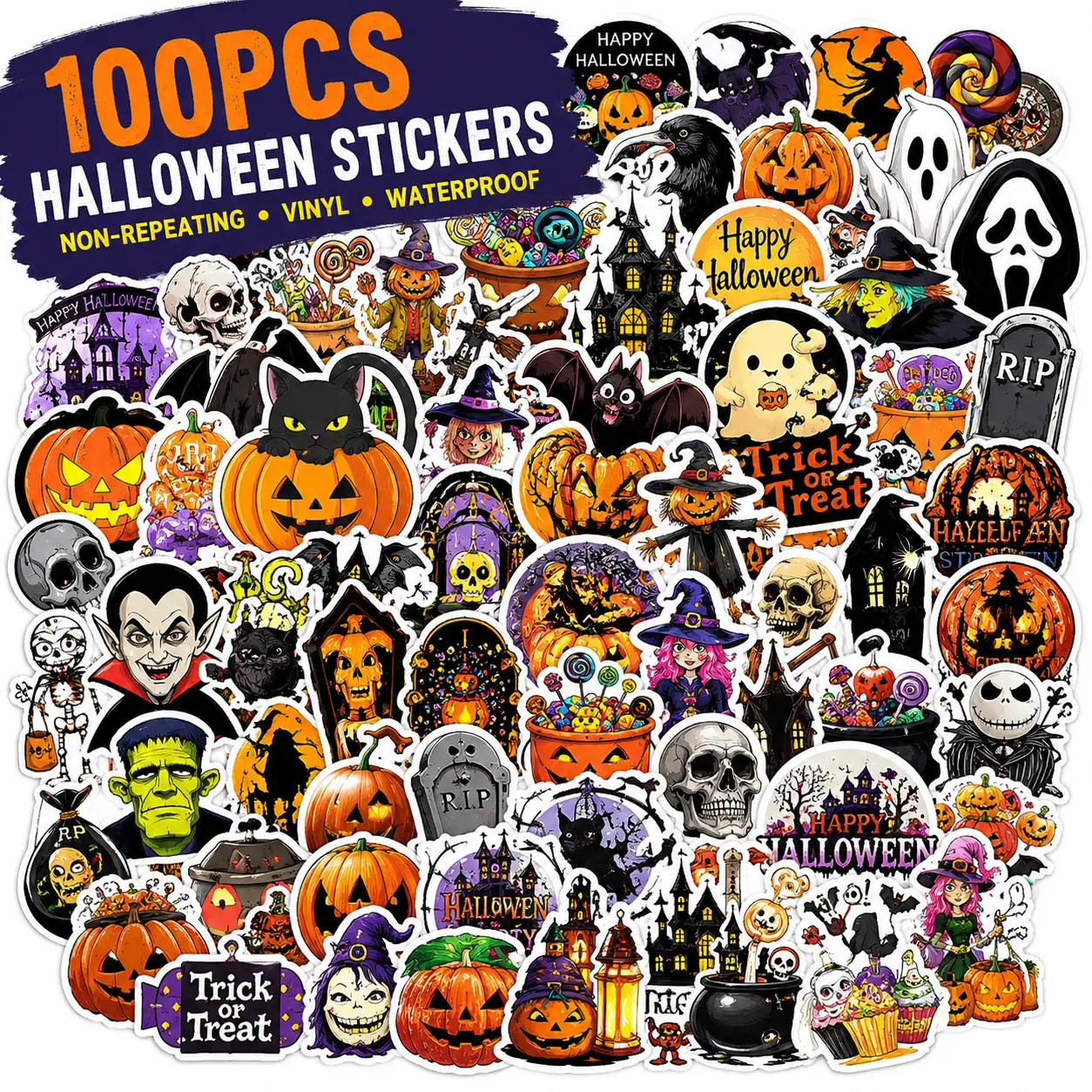 100 Pcs Non-Repeating Halloween Stickers, Waterproof Vinyl Holiday Stickers, Spooky Halloween Decals for Water Bottles, Laptops, Notebooks, Phone Cases, Party Favors and Crafts