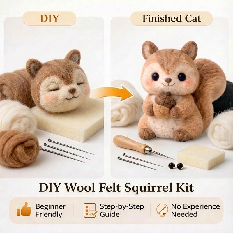 1Set Animal Needle Felting Kit, Felting kits for Beginners adult with Step-by-Step Video Tutorials, Squirrel/Bear/Hedgehog/Deer DIY Felting Kit, Cute Funny Home Decorative Ornaments, Birthday Valentine's Day and Christmas Gifts