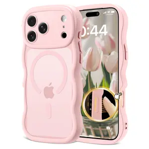 Magnetic Phone Case for iPhone, MagSafe Compatible Cute Wavy Frame Design, Translucent Matte Hard Back Soft Silicone Bumper, Shockproof Protective Phonecase for Women Girls