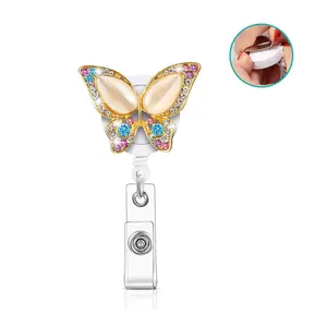 Rhinestone Butterfly Design Badge Holder, 1 Count Retractable ID Badge Holder, Name Badge Holder, Office Stationery & Supplies