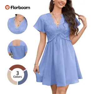 Florboom Women's Floral Lace Boho Deep V Neck Mini Dress Flutter Short Sleeve A-Line Flowy Dresses Perfect for Family Pictures,Wedding Guest, Bride, Baby Shower, Easter, Church