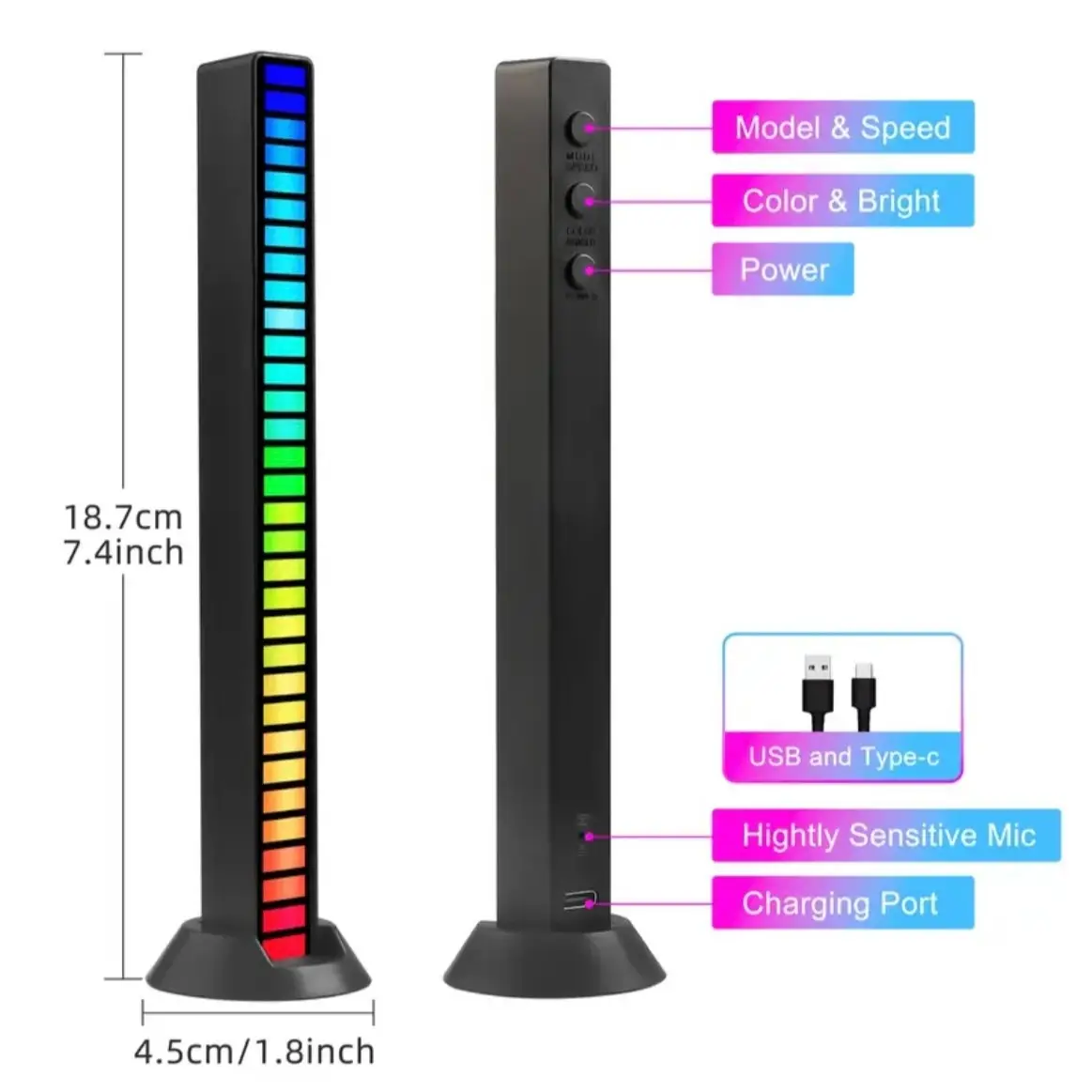 RGB Smart Music Sync Light Bar with USB Rechargeable Battery for Car and Home Office Decor - 16 Colors, 4 Dynamic Modes