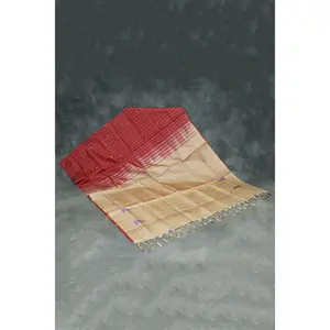 Handwoven Vaazhai Naar Banana Pith Saree in Brown with Small Purple Butta Motifs, Borderless Traditional Weave