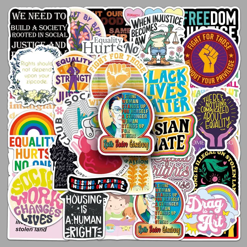 50PCS Waterproof Vinyl Social Justice Adhesive Decals Pack - Feminist, Black Lives Matter, Equality Slogan Stickers for Laptops, Water Bottles, Mobile Devices Accessories (50pcs social justice-1708)