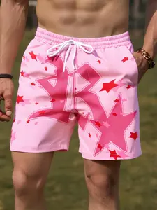Men's Regular Fit Star Print Boxer Brief Swim Shorts, Casual Comfy Breathable Swim Shorts for Summer, Men's Swimwear for Beach Vacation, Swim Bottoms, Swimming Shorts