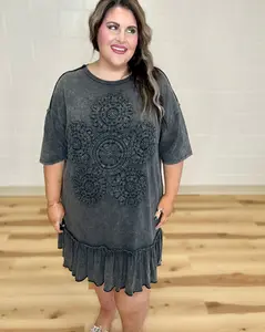 Black Washed Floral Crochet Tunic Dress