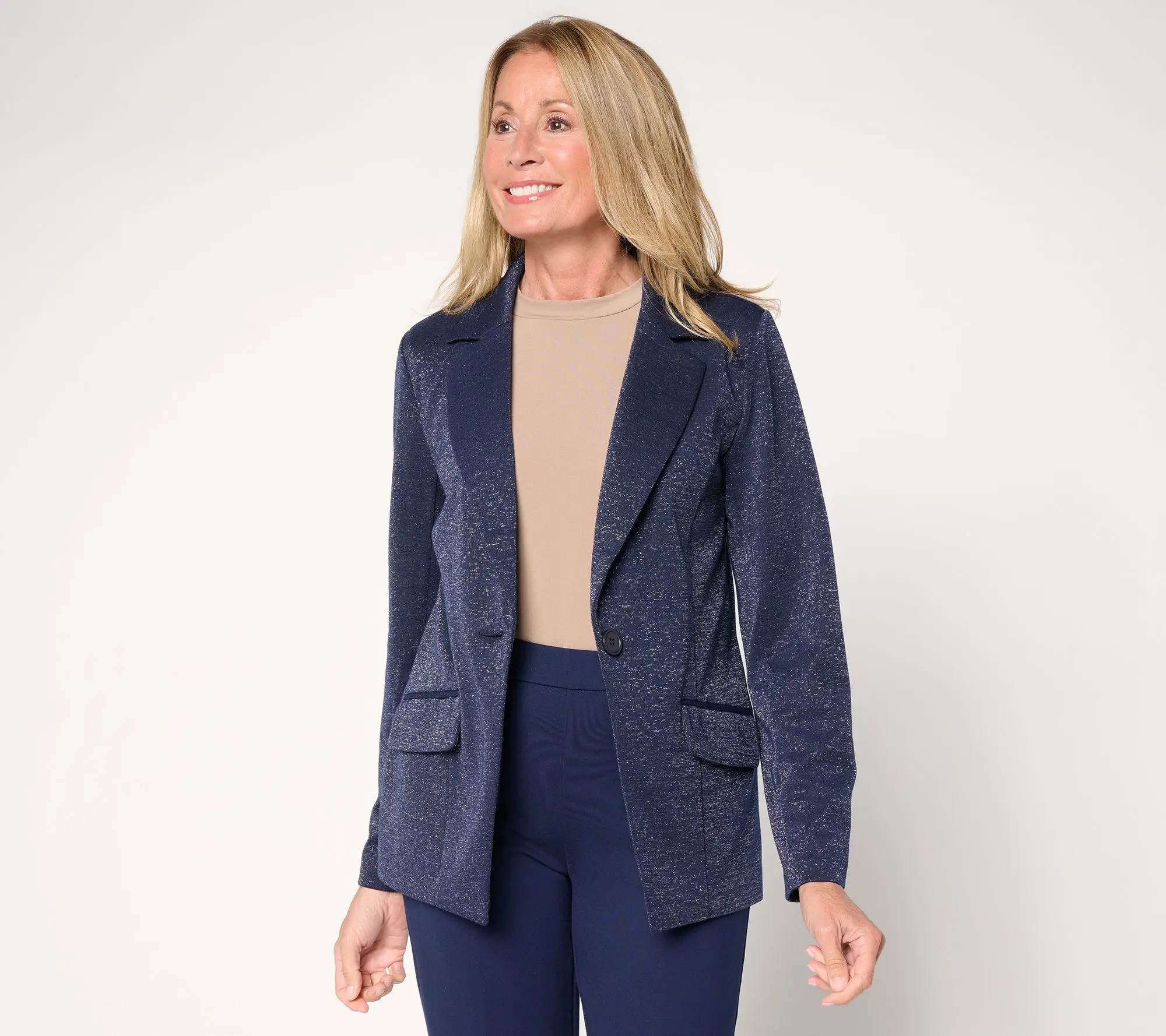 Susan Graver Petite Soft Metallic Knit Notch Collar Blazer Susan Graver Petite Soft Metallic Knit Notch Collar Blazer